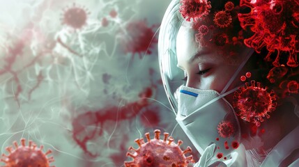 Conceptual image of a young woman in a medical mask and respirator against the background of the virus.