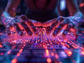 Close-up of hands together over a high-tech table, glowing screens showing data, symbolizing unity in technology