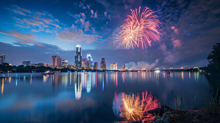 A spectacular 4th of July fireworks show over a city skyline reflecting on the water. - obrazy, fototapety, plakaty