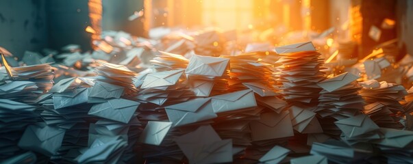  Medium shot of a stack of virtual unread emails piling up in a 3D rendered inbox