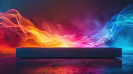 Medium shot of a soundbar casting vibrant holographic soundwaves across a studio