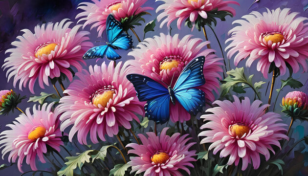 blue tropical butterflies on chrysanthemum flowers painted with oil paints	
