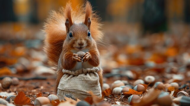 a cute red squirrel with a large fluffy tail carrying a bag of nuts in a park, set against a picturesque autumn background, while standing near a cloth sack brimming with acorns.