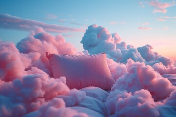 Medium shot of a pillow drifting among cotton candy clouds at sunset - obrazy, fototapety, plakaty