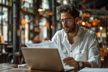 Focused male professional in white shirt reading financial newspaper in a cafe