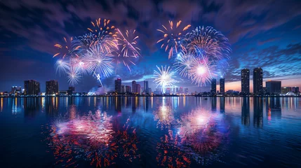 Fototapeten A spectacular 4th of July fireworks show over a city skyline reflecting on the water. © Peter