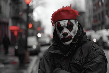 Close up person portrait in clown make up, urban street background in black and white colors with red accents