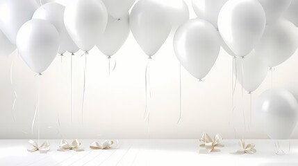 HD image capturing the elegance of white balloons gracefully positioned on a pristine white background, complemented by a delicate ribbon.