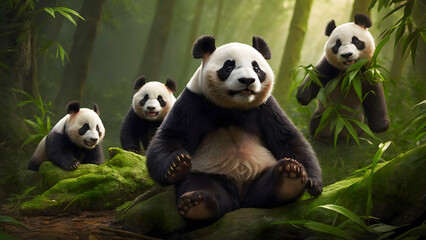 Obraz premium A Group Of Panda Bears Eating In The Forest , Vibrant Colours, Painting Style