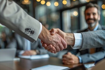 Business professionals in suits shaking hands at office desk, symbolizing successful deal. - obrazy, fototapety, plakaty