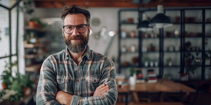 Happy smiling man with beard in glasses and plaid shirt in modern workspace