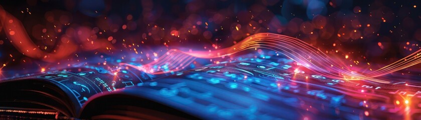 Medium shot of a book on music theory with holographic notes and soundwaves in vibrant colors - obrazy, fototapety, plakaty