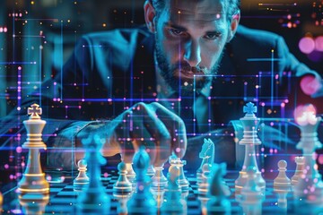  Medium shot of a businessman strategizing over a holographic chessboard