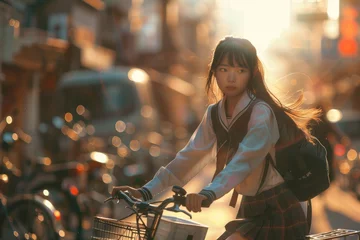 Deurstickers A detailed image of a beautiful girl in a school uniform, her face lit up by the soft light as she rides a bike through the city streets © mila103