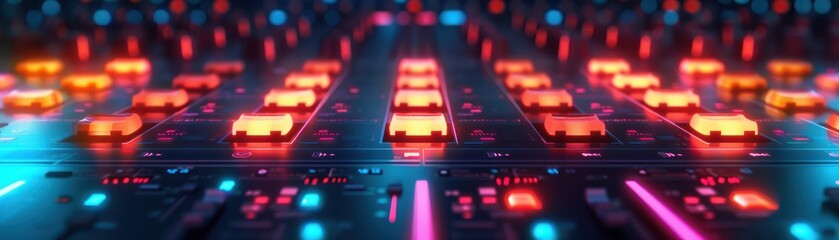  Medium shot of a 3D-rendered virtual mixer interface with floating neon controls