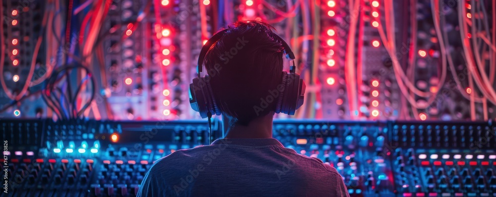 Poster medium shot double exposure of a sound engineer adjusting levels on a digital mixer with a neon-lit 