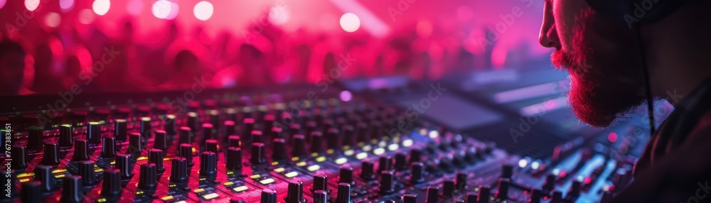 Poster medium shot double exposure of a sound engineer adjusting levels on a digital mixer with a neon-lit 