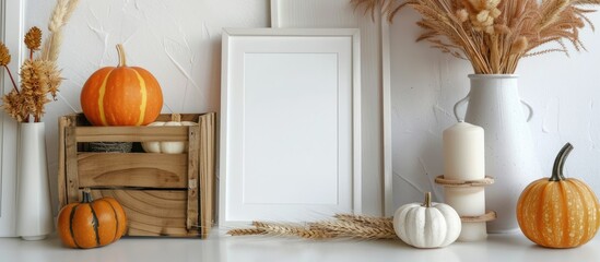 Mockup of a picture frame alongside a wooden crate filled with ornamental pumpkins, a vase containing dried wheat, all placed on a white table within a Nordic-style room.