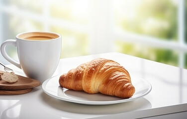 one glass mug of black coffee and croissant on white plate on wh