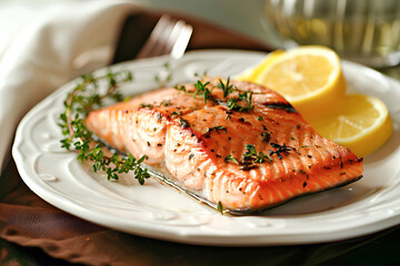 Grilled salmon fillets with lemon and thyme on a white plate. - obrazy, fototapety, plakaty