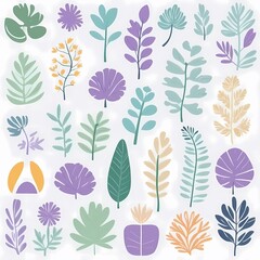 A collection of seamless pattern, colorful abstract plants and flowers. Hand drawn Collection of leaves and flowers. A close up of a pattern of flowers and leaves.
