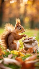 a cute red squirrel with a large fluffy tail carrying a bag of nuts in a park, set against a picturesque autumn background, while standing near a cloth sack brimming with acorns.