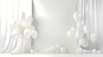 HD camera capture showcasing a minimalist mockup of white balloons against a pristine white background, with an elegant ribbon for added charm.