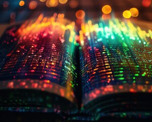 Close-up of an open poetry book with holographic colorful soundwaves dancing on the verses