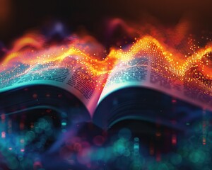 Close-up of an open poetry book with holographic colorful soundwaves dancing on the verses