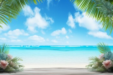 Empty wooden surface by sea, tranquil beach, palm trees. Copy space for custom message.