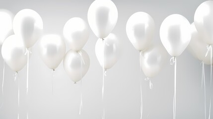 HD camera capture of white balloons gently soaring against a pristine white background, with a graceful ribbon adding a touch of elegance.