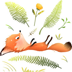 Funny cute fox laying on its back in the forest. Illustrated hilarious character for kids. Playful and mischief fox cartoon and forest nature. Isolated vector clipart for children in watercolor style. - 767384440