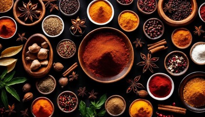 A vibrant display of various exotic spices and herbs, neatly arranged in bowls, exuding the diversity of global culinary flavors