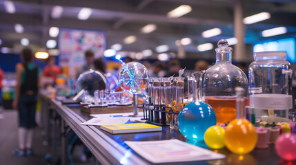 A student-led science fair with innovative projects displayed on tables. - obrazy, fototapety, plakaty