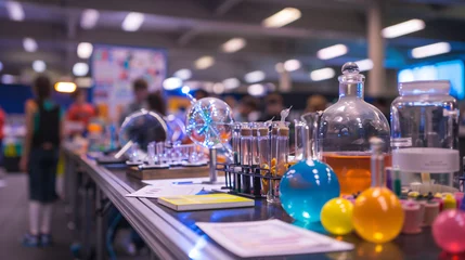 Fotobehang A student-led science fair with innovative projects displayed on tables. © Peter