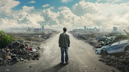 Lonely man walking outside the destroyed city. apocalypse concept, nuclear bomb - obrazy, fototapety, plakaty