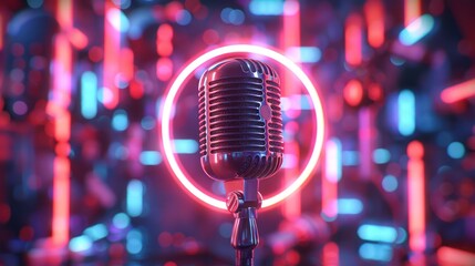  Close-up of a microphone with a neon halo floating in a 3D-rendered - obrazy, fototapety, plakaty