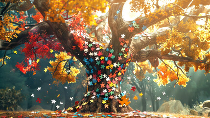 A magical big tree in the rays of the sun, decorated with colored puzzle pieces