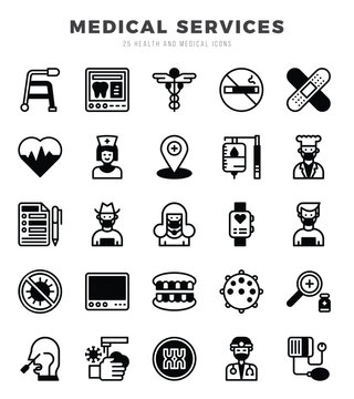 Collection of MEDICAL SERVICES 25 Lineal Fill Icons Pack.