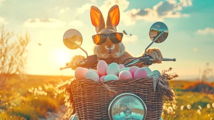 Poster A cool rabbit in sunglasses on a motorcycle rides a motorcycle at sunset and carries a basket with a bunch of Easter eggs © Maryna