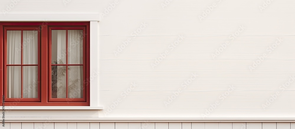 Poster a white building has a distinctive red-framed window on its facade, creating a striking contrast.