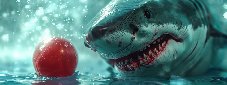  Close-up of a 3D-rendered moment where a shark gently touches a floating pool ball under calm