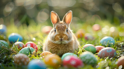 Cute rabbit as easter bunny sitting with easter eggs and flowers.
