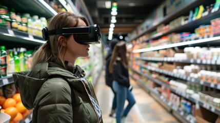 Fototapeta na wymiar woman shopping in a supermarket with real virtual reality glasses in high resolution and quality