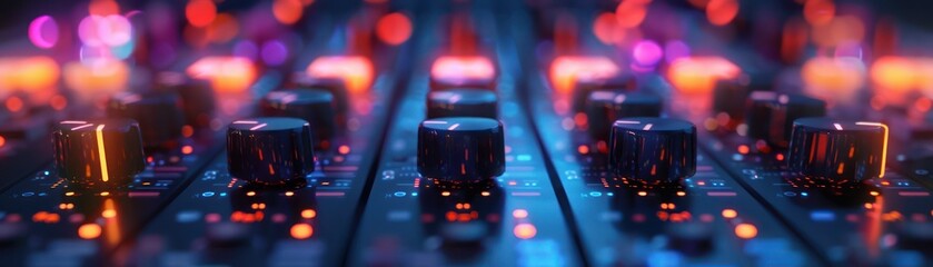  Close-up of a 3D-rendered digital audio mixer s volume knobs illuminated by neon