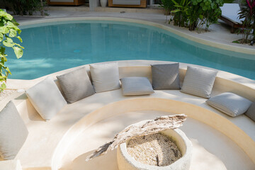 Pool Lounge Area at Tropical Luxury Resort and Spa Villa Hotel, Boujee Seating, Beautiful Boho...