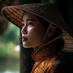 Beautiful Vietnamese woman in traditional clothing and straw hat