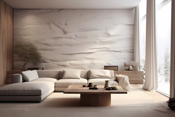 Experience the seamless integration of a 3D wall mockup in a modern Scandinavian living room, where form and function coalesce in a visually appealing composition.