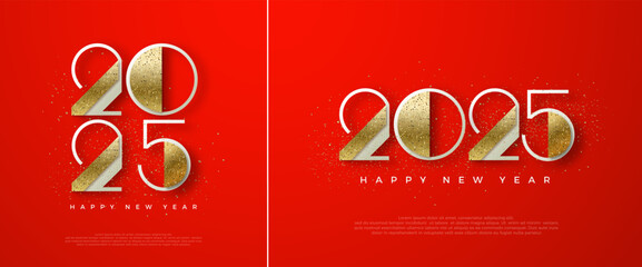 New Year Eve 2025, Poster Banner Happy New Year 2024 with luxury glitter numbers. Vector Premium for greetings, celebrations and welcoming the new year 2025.