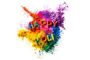 Colorful Holi powder on white background with "Happy Holi" text. Burst of rainbow colors. Greetings card, poster, flayer concept